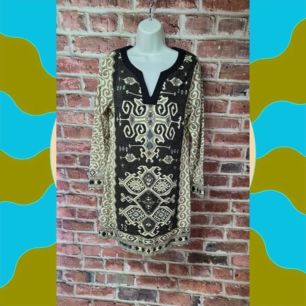 Aryeh Tribal Sweater Dress L | Vintage Boho Tunic Top Geometric Black Knit